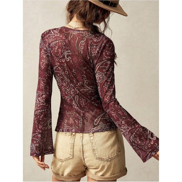 Women's Vintage Boho Paisley Button Down T Shirt V Neck Long Sleeve Fitted - Picture 3 of 5